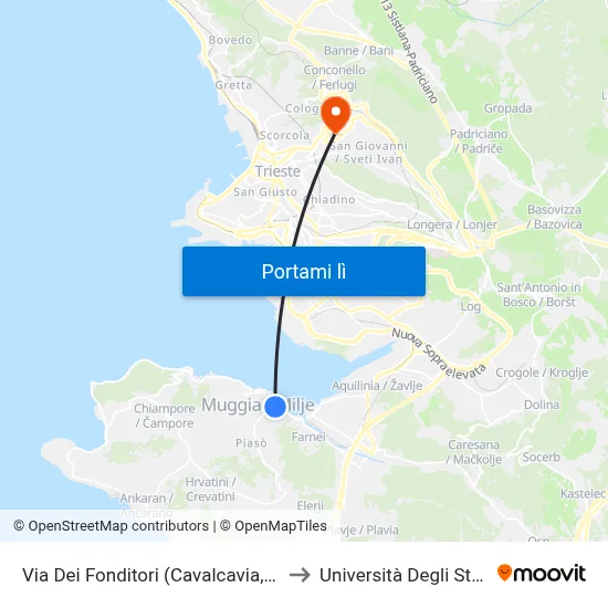 Via Dei Fonditori (Cavalcavia, Direzione Muggia) to Università Degli Studi Di Trieste map