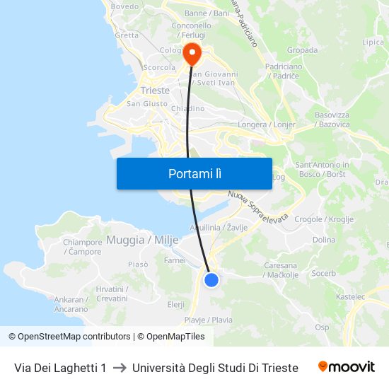 Via Dei Laghetti 1 to Università Degli Studi Di Trieste map
