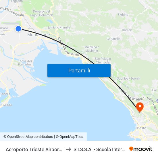 Aeroporto Trieste Airport  (G51) Corsia 16→Monfalcone/Trieste to S.I.S.S.A. - Scuola Internazionale Superiore Di Studi Avanzati map