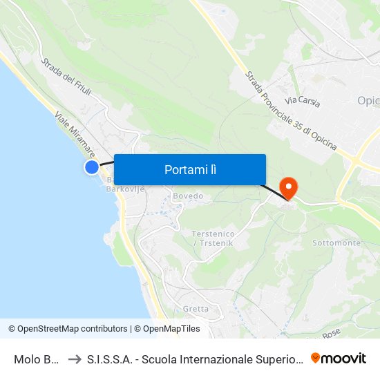 Molo Barcola to S.I.S.S.A. - Scuola Internazionale Superiore Di Studi Avanzati map