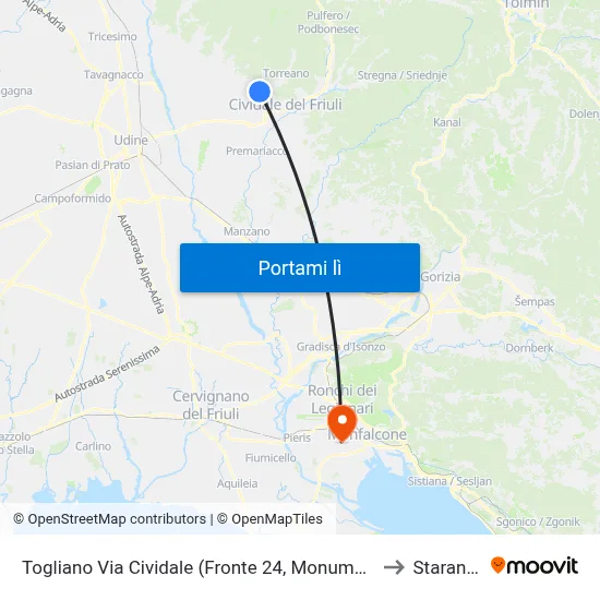 Togliano Via Cividale (Fronte 24, Monumento Dir. Cividale) to Staranzano map