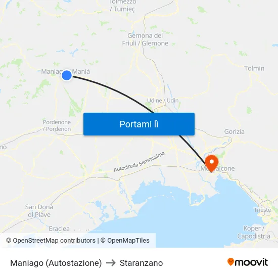 Maniago (Autostazione) to Staranzano map