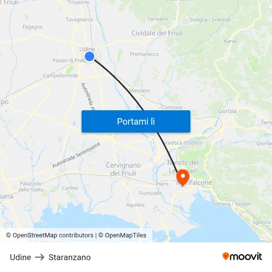 Udine to Staranzano map