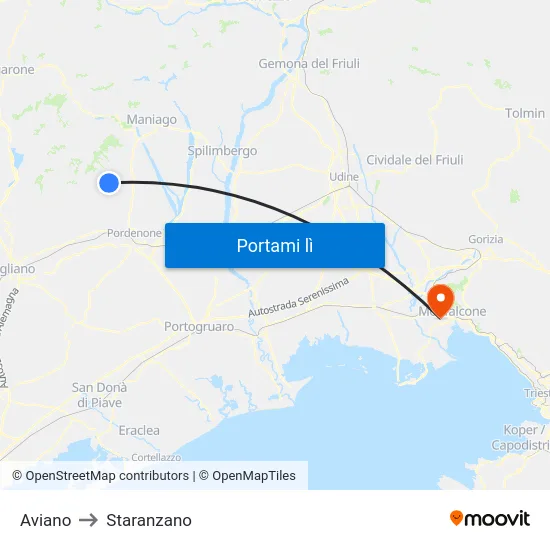 Aviano to Staranzano map