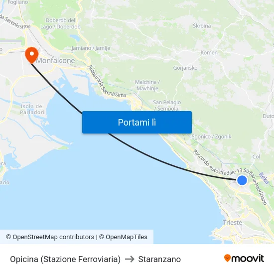 Opicina (Stazione Ferroviaria) to Staranzano map