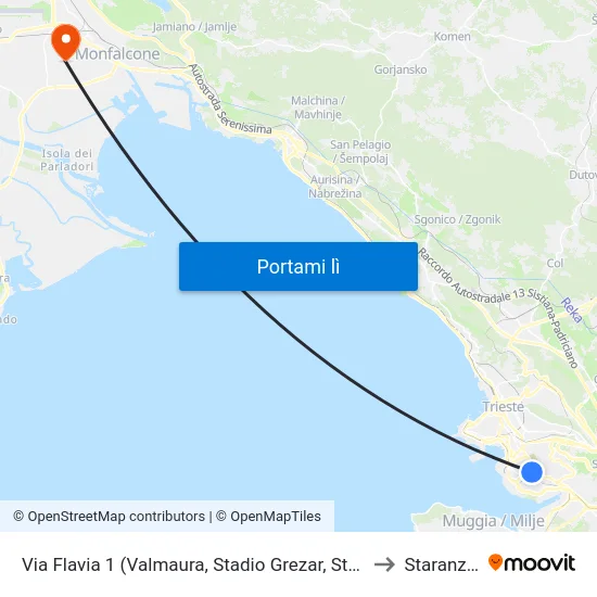 Via Flavia 1 (Valmaura, Stadio Grezar, Stadio Rocco) to Staranzano map