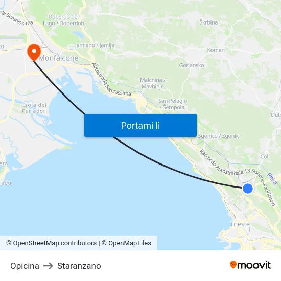Opicina to Staranzano map