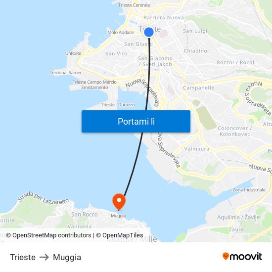 Trieste to Muggia map