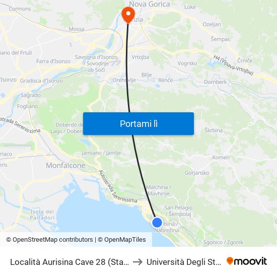 Località Aurisina Cave 28 (Stazione Ferroviaria) to Università Degli Studi Di Udine map