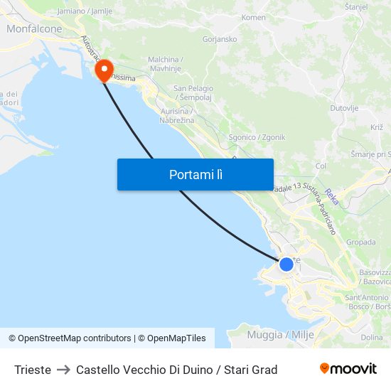 Trieste to Castello Vecchio Di Duino / Stari Grad map