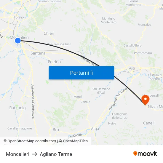 Moncalieri to Agliano Terme map