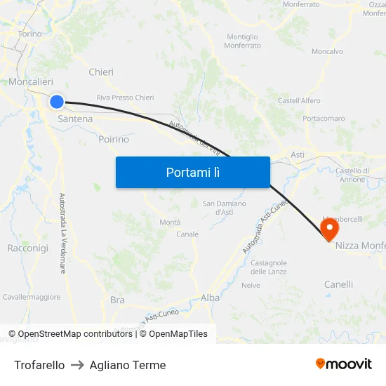 Trofarello to Agliano Terme map