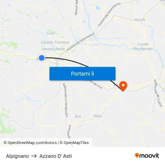 Alpignano to Azzano D' Asti map