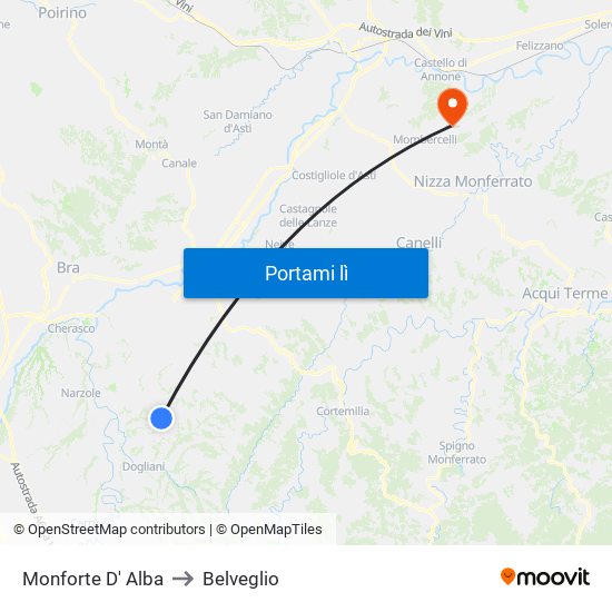 Monforte D' Alba to Belveglio map