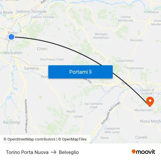 Torino Porta Nuova to Belveglio map