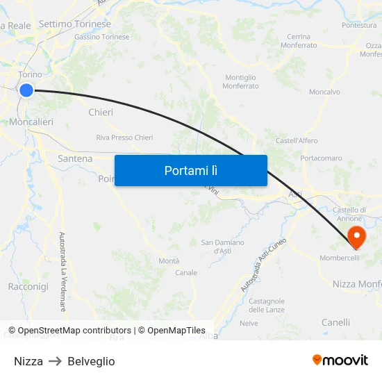 Nizza to Belveglio map