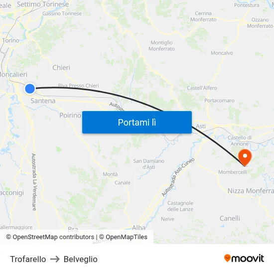 Trofarello to Belveglio map