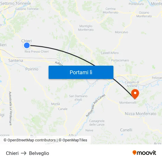 Chieri to Belveglio map