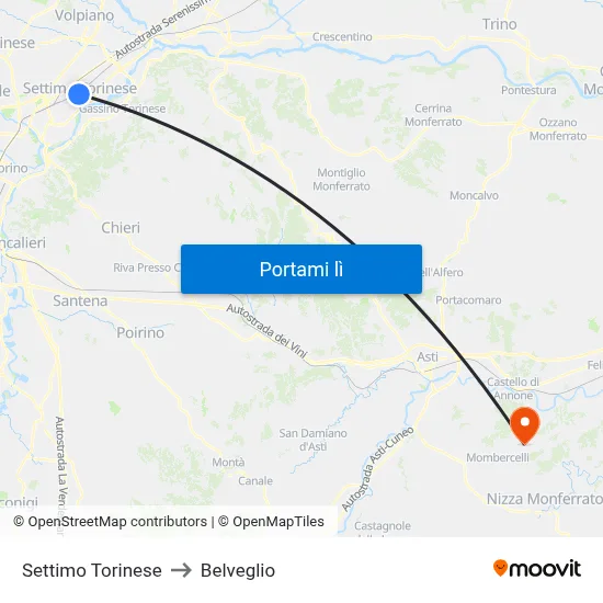 Settimo Torinese to Belveglio map