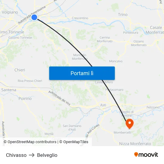 Chivasso to Belveglio map