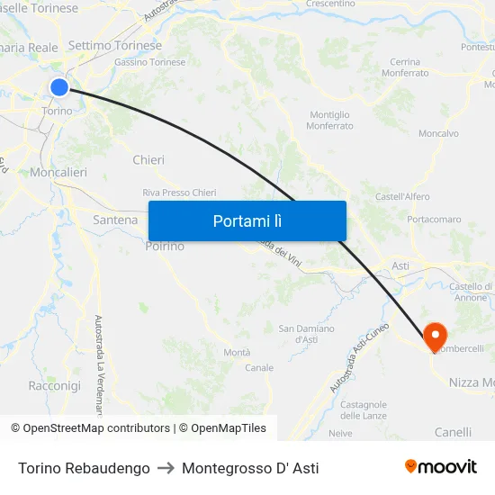 Torino Rebaudengo to Montegrosso D' Asti map
