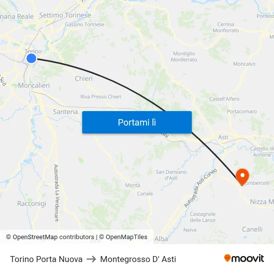 Torino Porta Nuova to Montegrosso D' Asti map