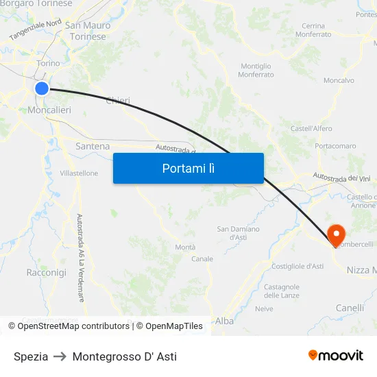 Spezia to Montegrosso D' Asti map
