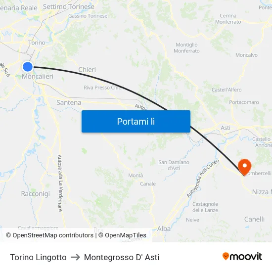 Torino Lingotto to Montegrosso D' Asti map