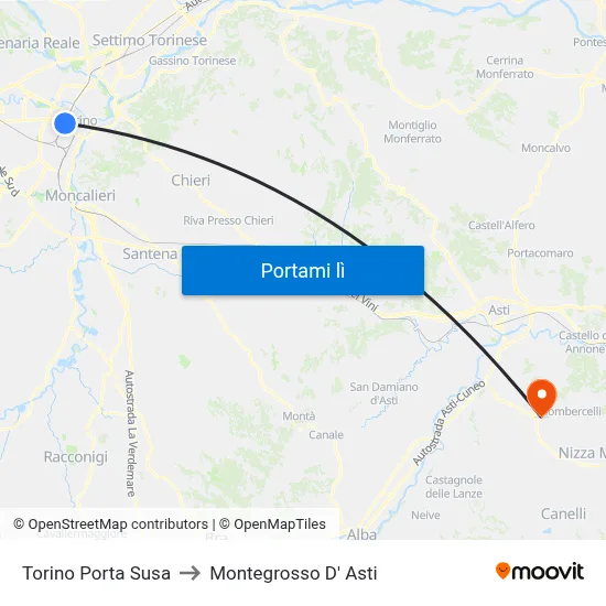 Torino Porta Susa to Montegrosso D' Asti map