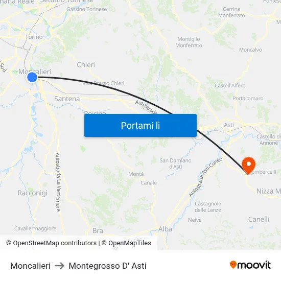 Moncalieri to Montegrosso D' Asti map