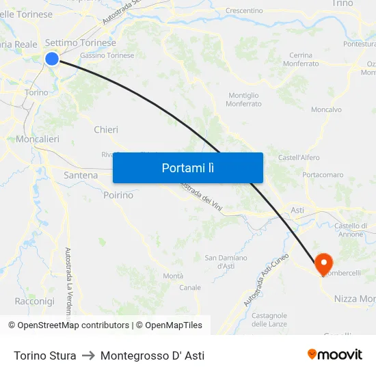 Torino Stura to Montegrosso D' Asti map