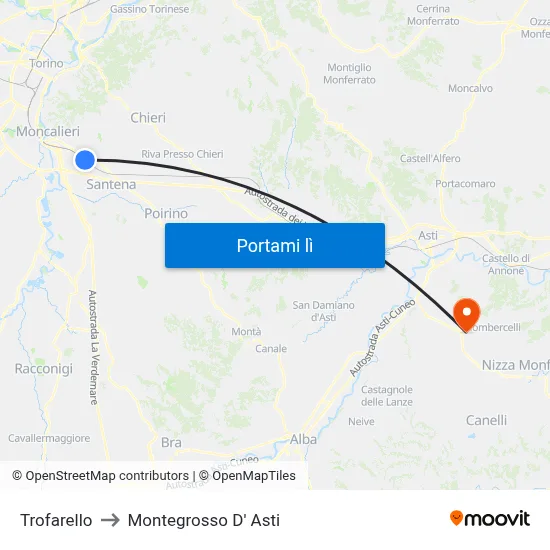 Trofarello to Montegrosso D' Asti map