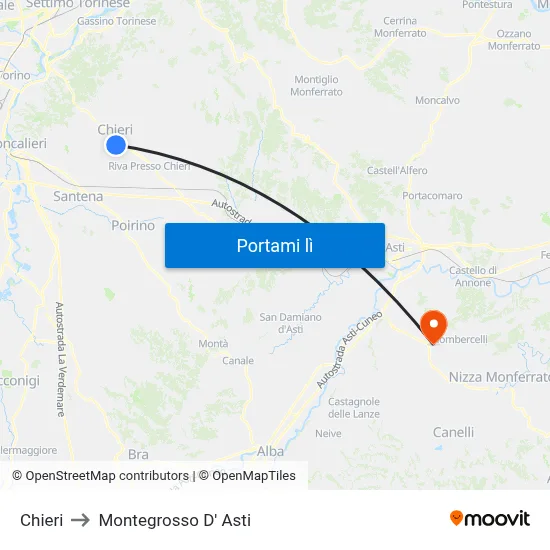 Chieri to Montegrosso D' Asti map