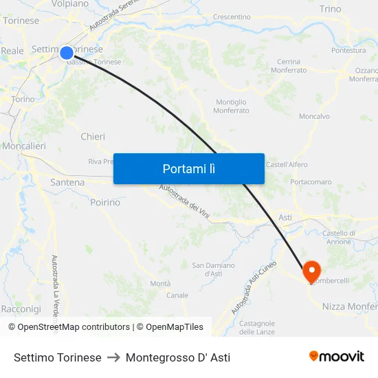 Settimo Torinese to Montegrosso D' Asti map