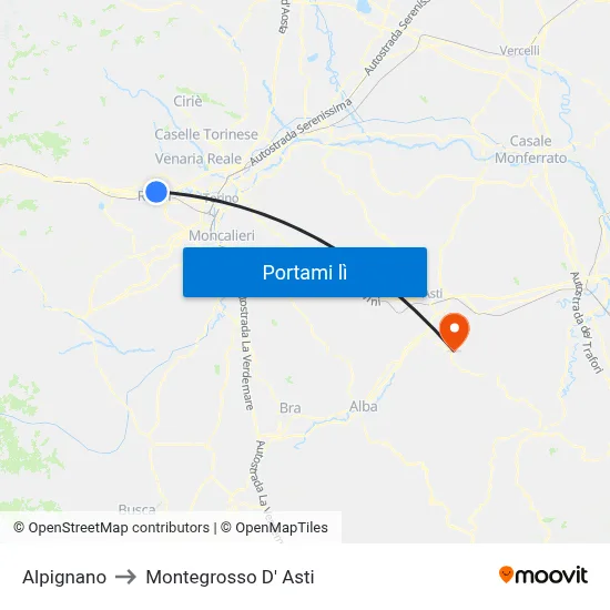 Alpignano to Montegrosso D' Asti map