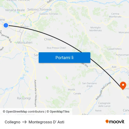 Collegno to Montegrosso D' Asti map