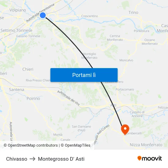 Chivasso to Montegrosso D' Asti map