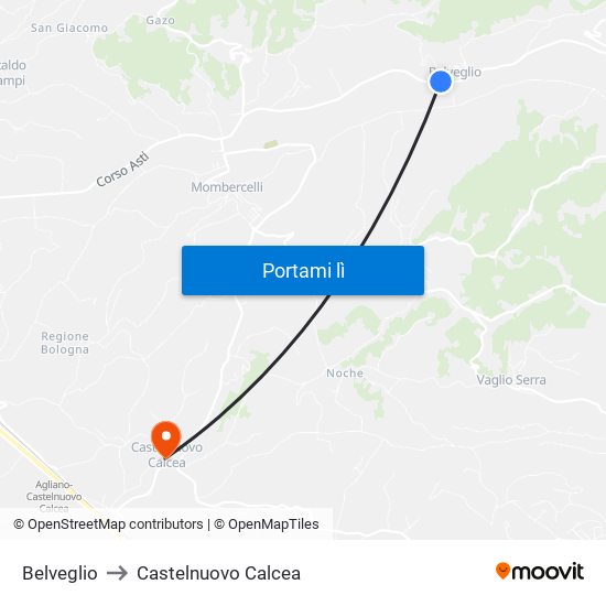 Belveglio to Castelnuovo Calcea map