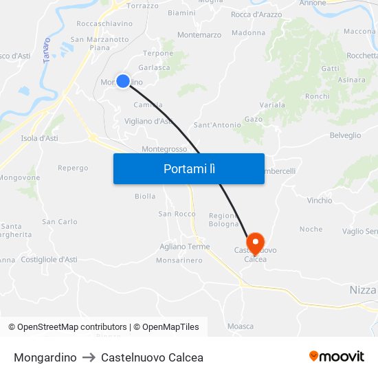 Mongardino to Castelnuovo Calcea map