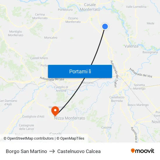 Borgo San Martino to Castelnuovo Calcea map