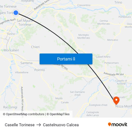 Caselle Torinese to Castelnuovo Calcea map