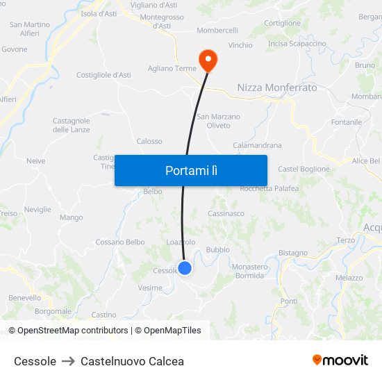 Cessole to Castelnuovo Calcea map