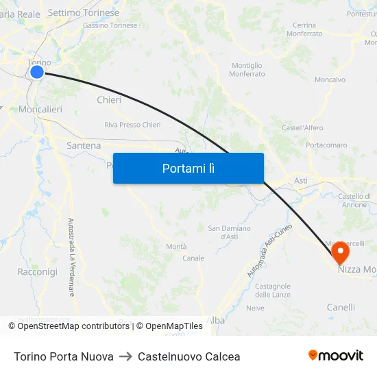 Torino Porta Nuova to Castelnuovo Calcea map