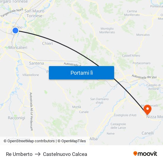 Re Umberto to Castelnuovo Calcea map