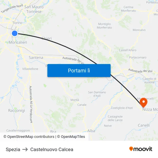 Spezia to Castelnuovo Calcea map