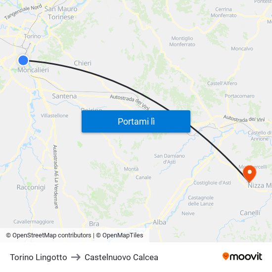 Torino Lingotto to Castelnuovo Calcea map