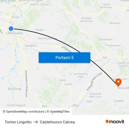 Torino Lingotto to Castelnuovo Calcea map
