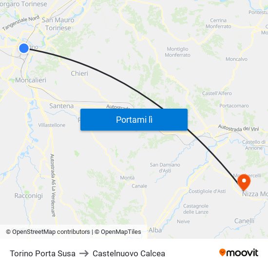 Torino Porta Susa to Castelnuovo Calcea map