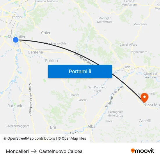 Moncalieri to Castelnuovo Calcea map