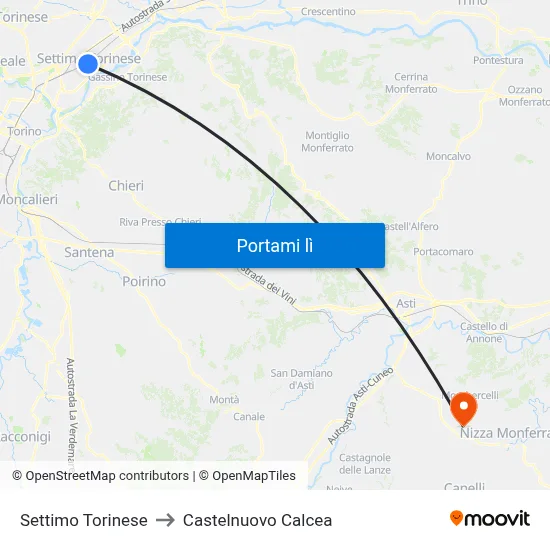 Settimo Torinese to Castelnuovo Calcea map